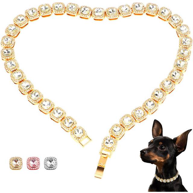 (Gold) Bling Rhinestone Dog Collar Pet Puppy Cat Necklace Diamond Crystal Chihuahua XS