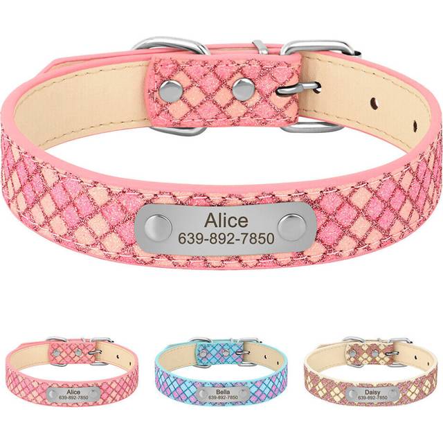 (Pink) Personalized Dog Collar Soft Leather Custom Name ID Engraved Tag Adjustable S-XL