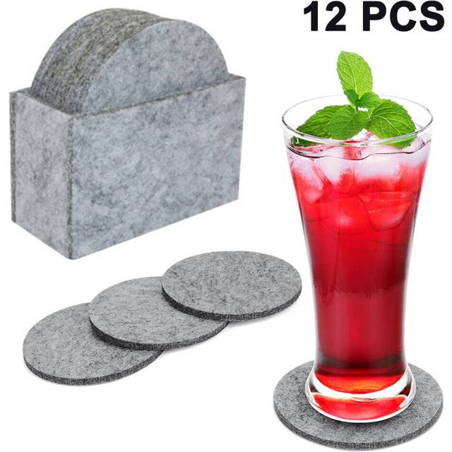 Premium Felt Coasters for Drinks, Set of 12 Round Grey Coasters