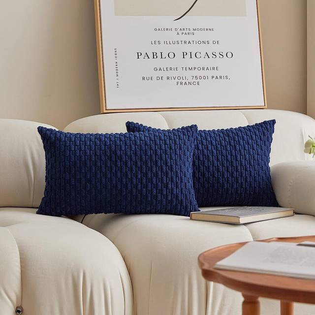Set of 2 Pillow Covers Solid Supersoft Corduroy Handmade Decorative Velvet Throw Pillow Cushion Cover for Bed, 12x20 Inch, Navy Blue