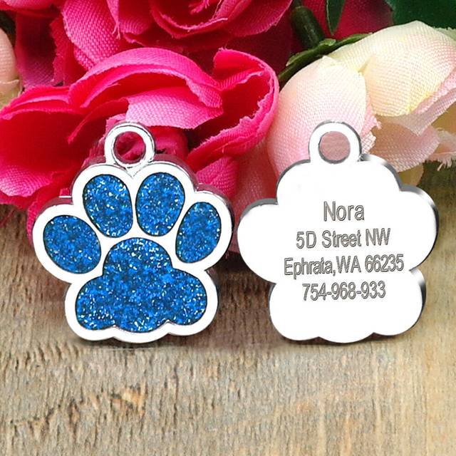 (Paw Blue) Bling Glitter Paw Round Personalized Dog ID Tags Disc Engraved Puppy Pet Dog Tag