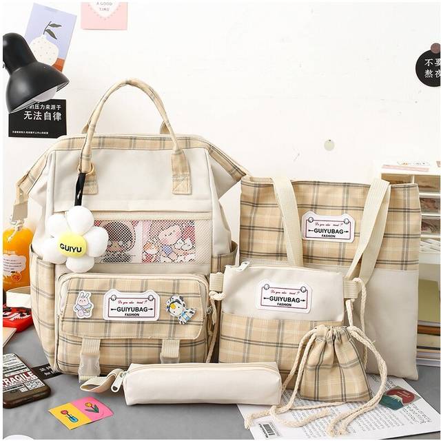 (Khaki) 5 Set Women Backpack Harajuku Plaid School Bags For Teenage Girls Boy Kawaii College Student Kids Book Backpack Rucksack