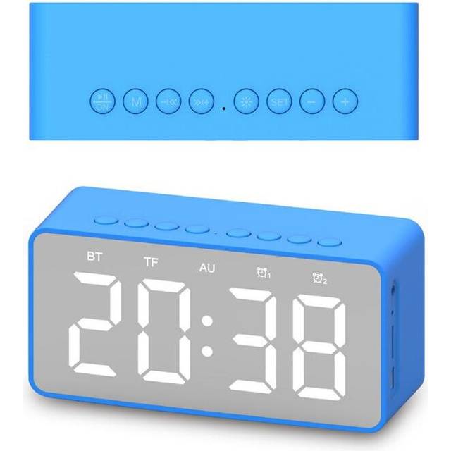 (a-blue 1) Bluetooth Speaker With Clock Mirror Alarm Clock Wireless Bluetooth Speaker Mini Mirror Gift Card FM Radio For Bedroom Office