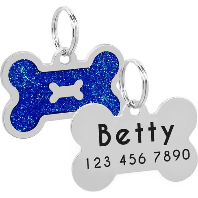 (Blue) Glitter Bone Shape Personalized Dog Tags Engraved Pet ID Name Collar Tag Charm