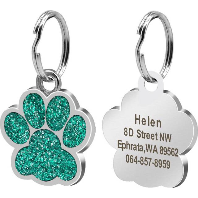 (Green) Cute Paw Print Cat Dog Tag Personalized Free Laser Engraved Pet Name Identity