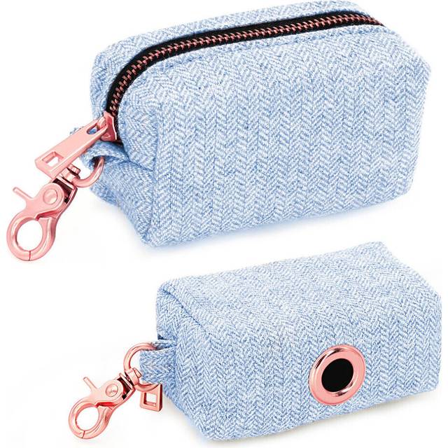 (Tweed Blue) Dog Poop Bag Holder Waste Bags Dispenser for Small Dogs with Leash Attachment