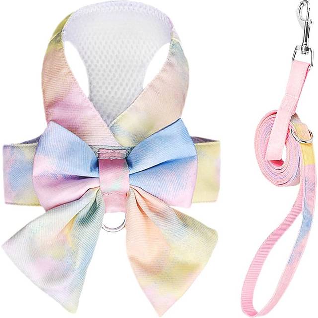 Cute Bow Tie Dog Harness and Leash Set Elegant Rainbow Gradient Puppy Harness No Pull Soft Mesh Pet Cat Dog Vest Harnesses, L-Yellow