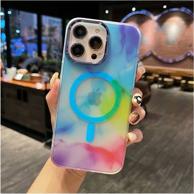 (iPhone 13 Pro Max) For Magsafe Magnetic Wireless Charging Art Watercolor Painting Phone Case For iPhone Rainbow Silicone Soft Cover