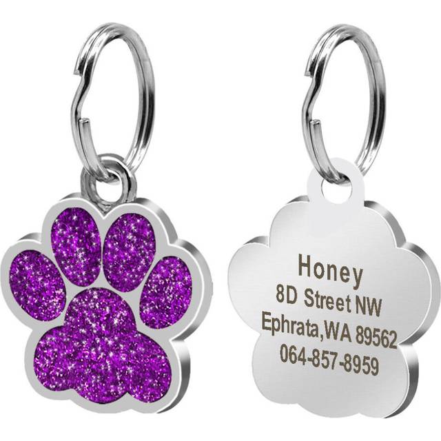(Purple) Cute Paw Print Cat Dog Tag Personalized Free Laser Engraved Pet Name Identity