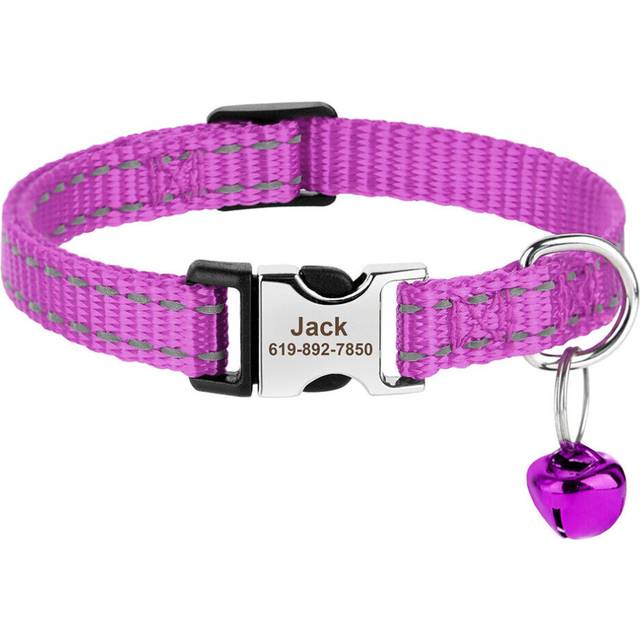 (Purple) Personalized Nylon Cat Collar Reflective Pet Name Engraved Metal Buckle & Bell