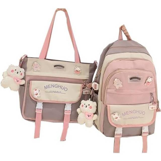 2Pcs Kawaii Backpack with Shoulder Bags Large Capacity School Backpack Sets with Pendant Pins Pink