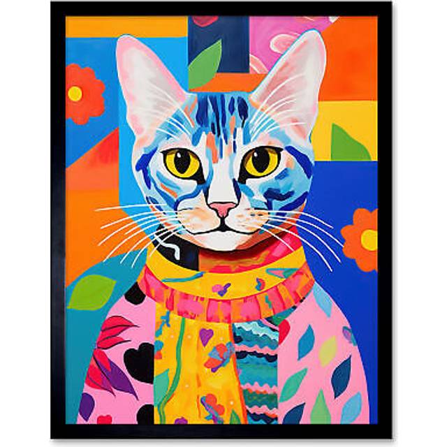 Wall Art Print The Cat in the Caftan Artwork Bold Bright Vibrant Modern Folk Art Acrylic Painting Kids Floral Pattern Art Framed - Black - W12 inch x - W12 inch x H16 inch