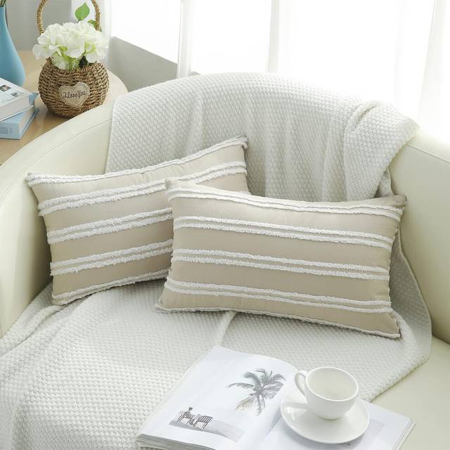 Bohemian decorative pillow cover 12x20 sets, neutral stripe pillow cover, Khaki cotton linen waist pillow cover, sofa living room