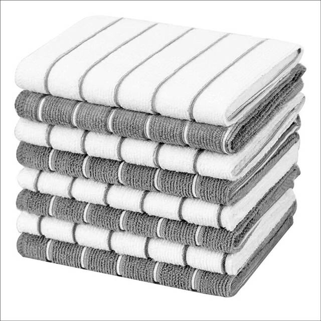 Microfiber Kitchen Towels - Super Absorbent, Soft Dish Towels, 8 Pack Stripe Designed Grey and White Colors