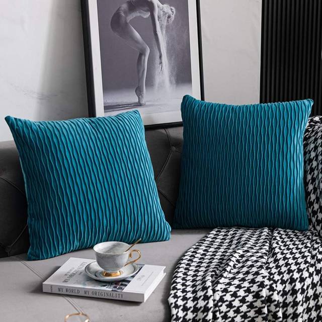 Turquoise Throw Pillow Cases 18x18: 2 Pack Inch Original Striped Velvet Square Decorative Pillow Covers for Farmhouse Couch