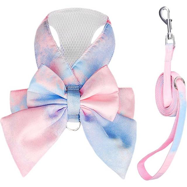 Cute Bow Tie Dog Harness and Leash Set Elegant Rainbow Gradient Puppy Harness No Pull Soft Mesh Pet Cat Dog Vest Harnesses, M-Blue