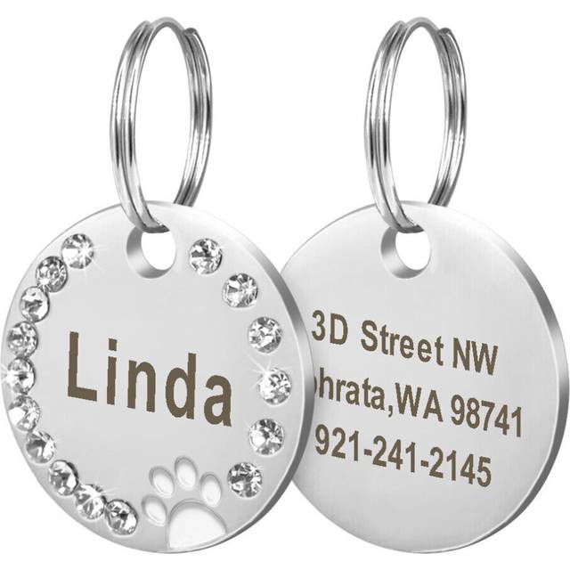 (White) Bling Glitter Paw Round Personalized Dog ID Tags Disc Engraved Puppy Pet Dog Tag