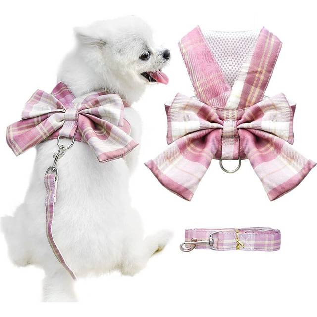 Dog Harness for Small Dogs with Bow Small Harness for Dogs with D-Ring Soft Mesh Adjustable Harness Set Puppy Pet Harness and Leash (Pink XL)