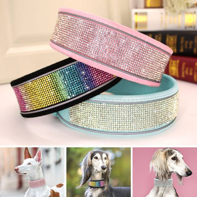 "(L:18.5-23.0""(47-59cm)) Thick Rhinestone Dog Collar Soft Wide Crystal Diamond Necklace Reflective Design"