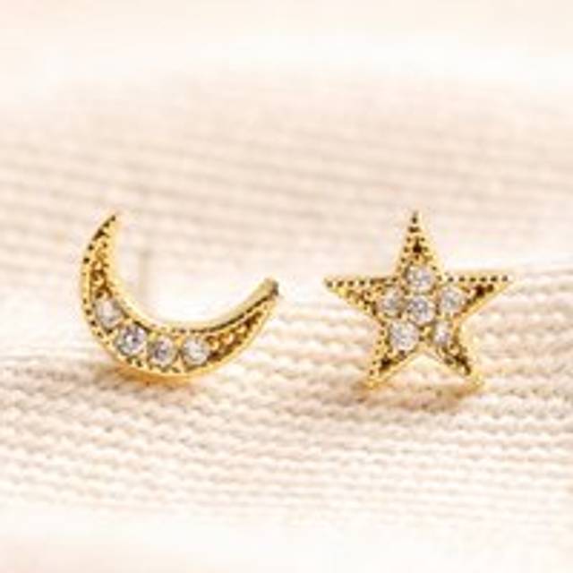 Moon and Star Crystal Stud Earrings in Gold - gold