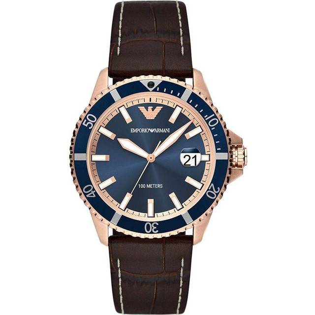 Emporio Armani Men's Three-Hand Date Brown Leather Band Watch (Model: