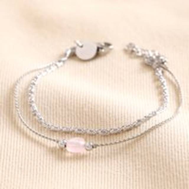 Stainless Steel Pink Stone Double Layered Chain Bracelet - silver/pink - one size