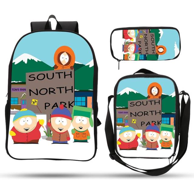 3-Piece School Backpack,South North Park Backpack Boys Girls School Bag Back to School Supplies with Lunch Box and Pencil Case