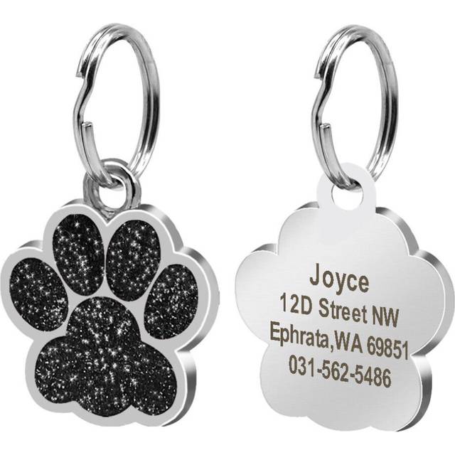 (Black) Cute Paw Print Cat Dog Tag Personalized Free Laser Engraved Pet Name Identity