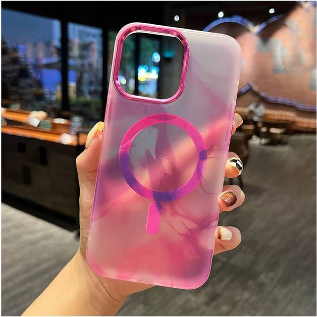 (iPhone 13 Pro) For Magsafe Magnetic Wireless Charging Art Watercolor Painting Phone Case For iPhone Rainbow Silicone Soft Cover Pink