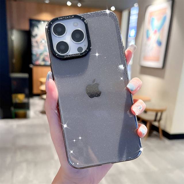 (iPhone 14 Pro) Luxury Camera Bracket Stand Case for iPhone Transparent Bling Glitter Phone Cases Hard Cover