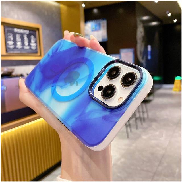 (iPhone 13 Pro) For Magsafe Magnetic Wireless Charging Art Watercolor Painting Phone Case For iPhone Rainbow Silicone Soft Cover Blue