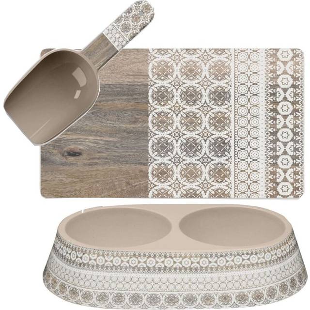 Purely Home Moroccan Wood Melamine Double Pet Bowl, Placemat With Scoop Set, Brown