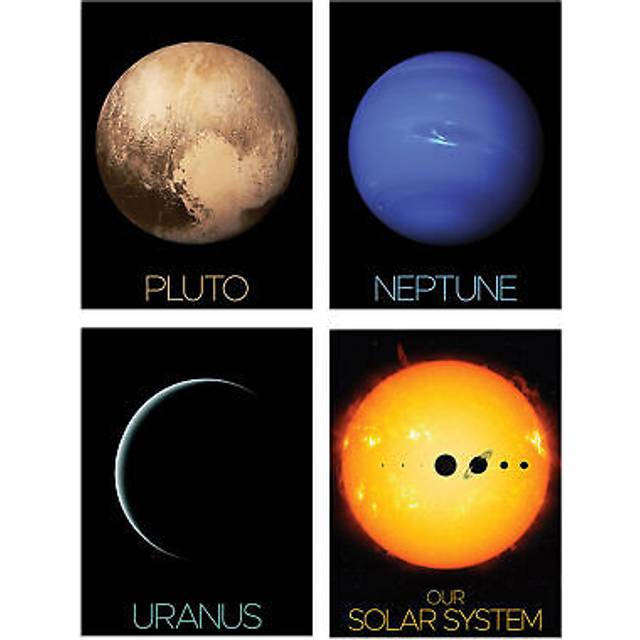 Pack of 4 NASA Our Solar System The Sun and Planets Uranus Neptune Dwarf Pluto Voyager 2 and New Horizons Images Unframed Wall Art Living Room Prints - Multi - W12 inch x H16 inch