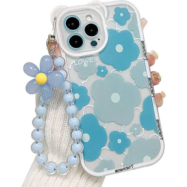 iPhone 13 Pro Transparent Flower Bear Camera Lens with Flower Beaded Lanyard Wrist Strap, Blue Soft TPU Shockproof Protective Cover