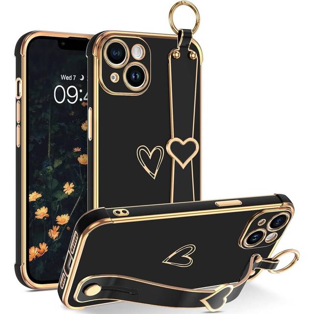 iPhone 14 Plus Phone Case with Adjustable Wristband Kickstand Loop, Cute Heart Luxury Plating Bumper, Raised Corner Shockproof Women Girls Cover