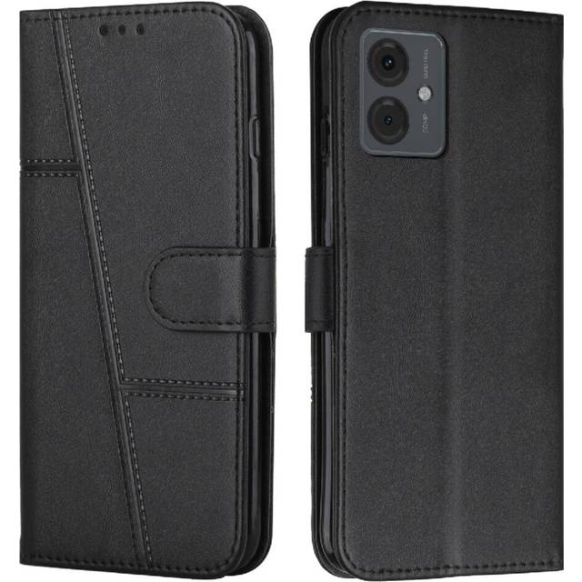 (Black) Flip-on Motorola Moto G14 Leather Full Protection Shockproof Wallet Case Card Package