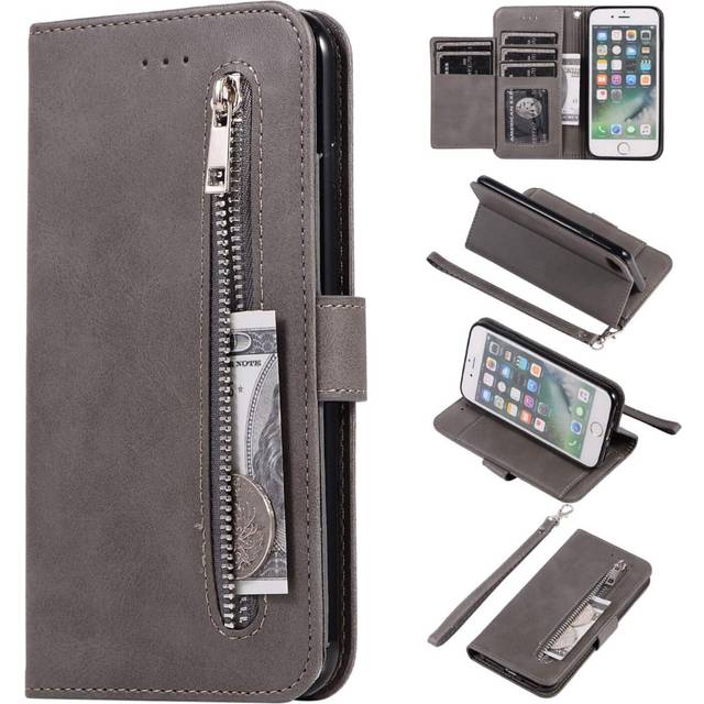 Wallet Case for iPhone 6 Plus iPhone 6S Plus, 5 Card Slots Closure Zipper Handbag PU Leather Flip Case with TPU Kickstand Cover - gray
