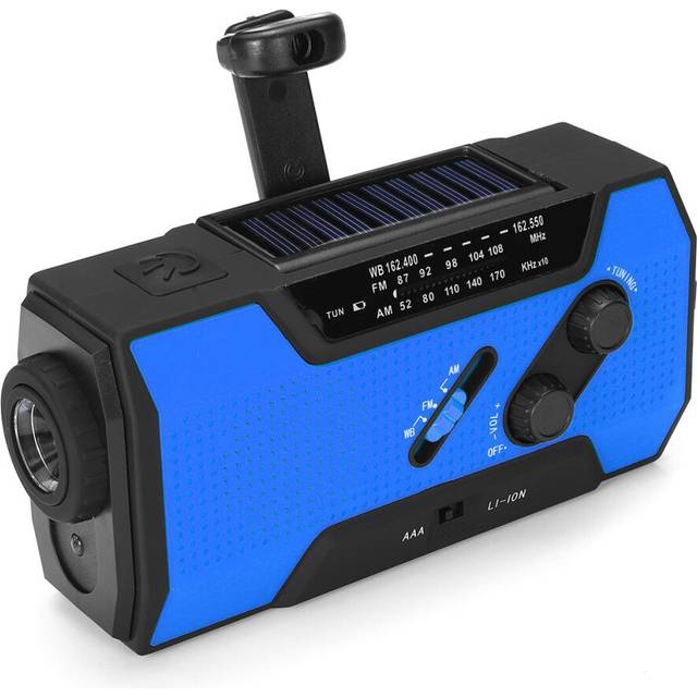 (Blue) Portable AM FM NOAA Radio Solar Crank Emergency Weather Flashlight Rechargeable Power Bank for iPhone