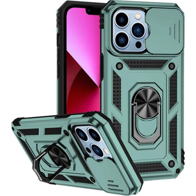 Case for iphone 14 pro 15 pro green armoured with ring holder stand camera
