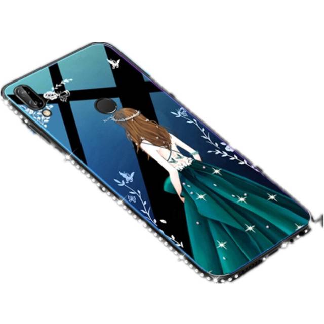 Black Beautiful Like a Fairy Pattern TPU + Glass Painted Blue Light Case for Huawei P20 Lite