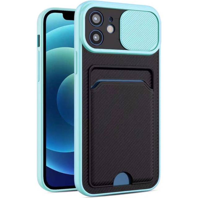 Compatible With iPhone 13 - in Cyan Ultra thin Case with Card slot & Camera shutter