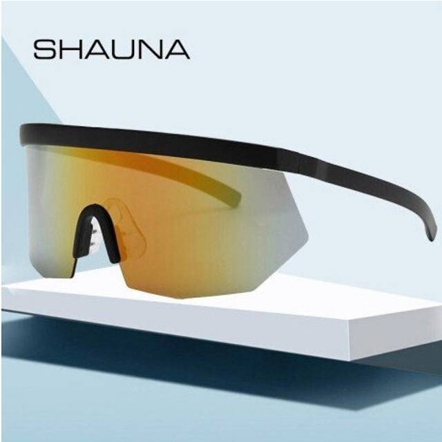 (Luxury Gold Mirror) SHAUNA Fashion Big Half Frame Goggle Sunglasses Women Oversize One Piece Mirror Shades Men UV400