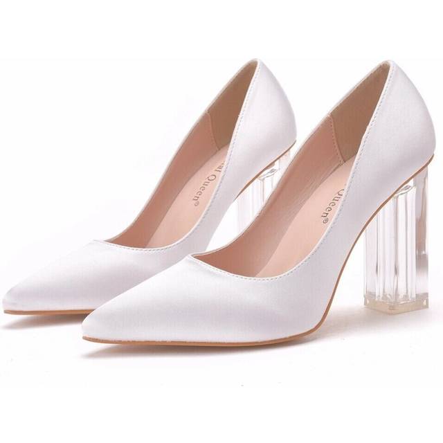 (US4.5 UK2.5 AU4/4.5 EUR35 22.5cm, White) 9cm Crystal High Heels Pointed Toe Prom Shoes Women Satin Bridal Wedding Pumps