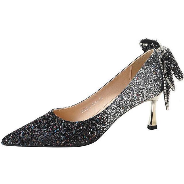 (US8 UK6 AU7.5 EUR39 24.5cm, Black silver 6.5cm) Women Bowknot Pointed Sequins Bridal Wedding Shoes Glitter Stiletto Heels Pumps