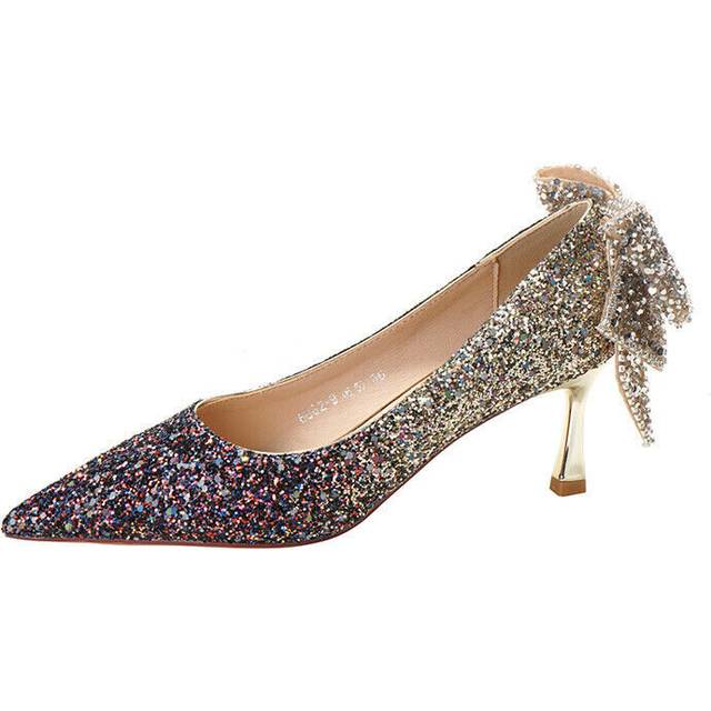 (US5 UK3.5 AU5 EUR36 23cm, Red gold 6.5cm) Women Bowknot Pointed Sequins Bridal Wedding Shoes Glitter Stiletto Heels Pumps
