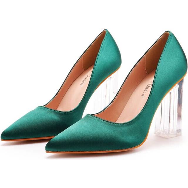 (US9.5/10 UK7.5 AU9 EUR42 26cm, Green) 9cm Crystal High Heels Pointed Toe Prom Shoes Women Satin Bridal Wedding Pumps