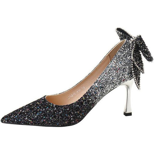 (US8.5 UK6.5 AU8 EUR40 25cm, Black silver?8.5?) Women Bowknot Pointed Sequins Bridal Wedding Shoes Glitter Stiletto Heels Pumps