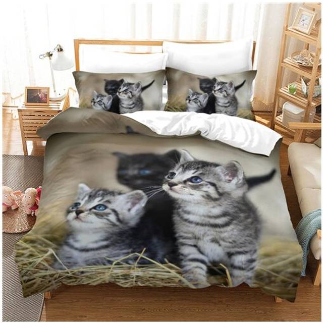 (Style 02, King) 3D Cat Printed Bed Duvet Set Quilt Pillow Cover