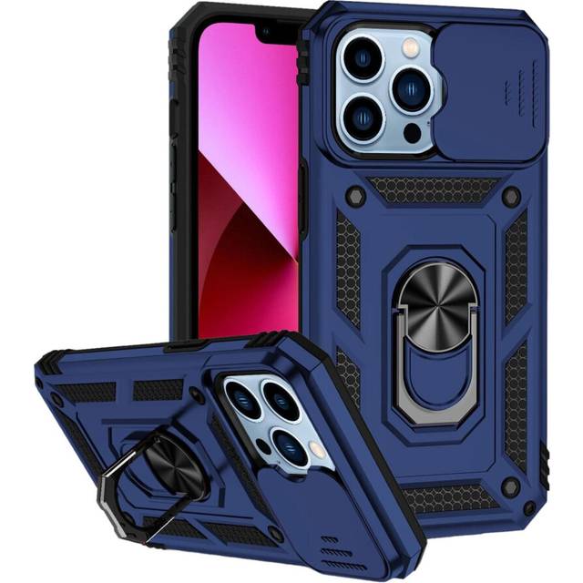 Compatible with iPhone 14Pro/15Pro - Blue Armoured Case With Ring Holder Stand Camera Shutter