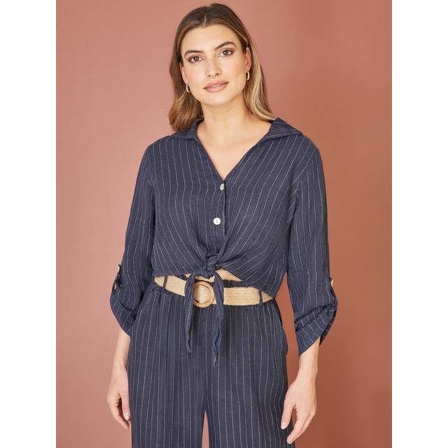 Yumi Womens Navy Striped Italian Linen Shirt - Size Large